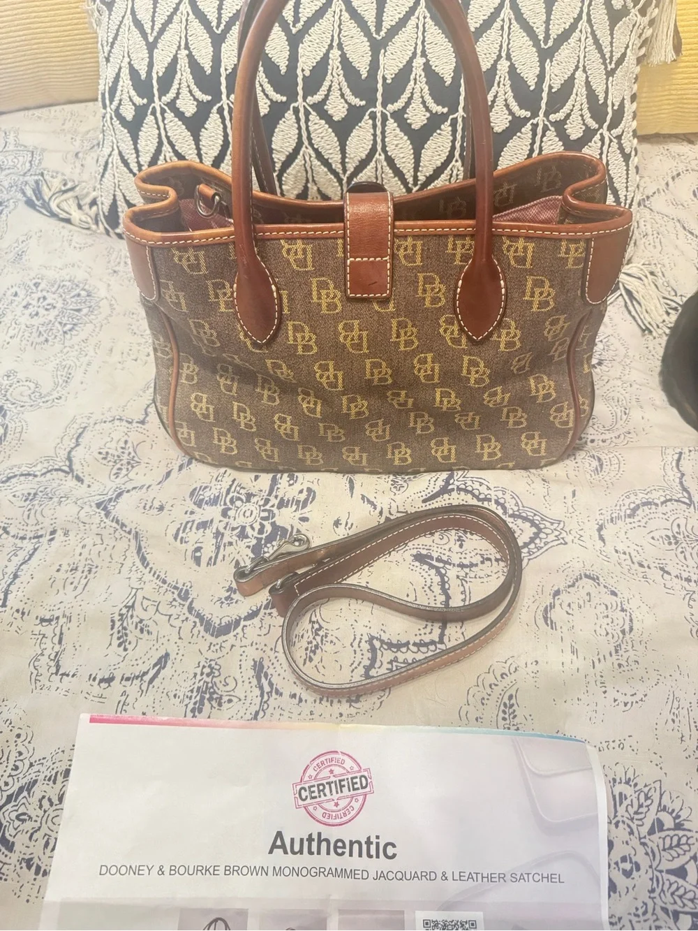 Dooney & Bourke Vintage Brown Monogram Jacquard Leather Satchel - Picture 8 of 11